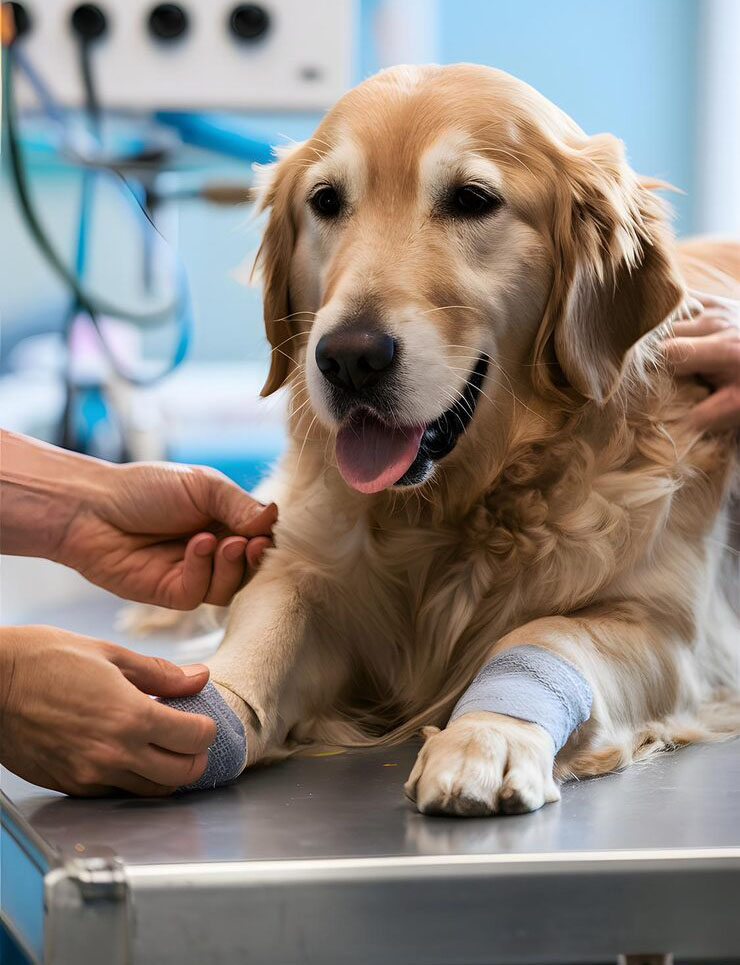 dog receiving veterinary care with bandages